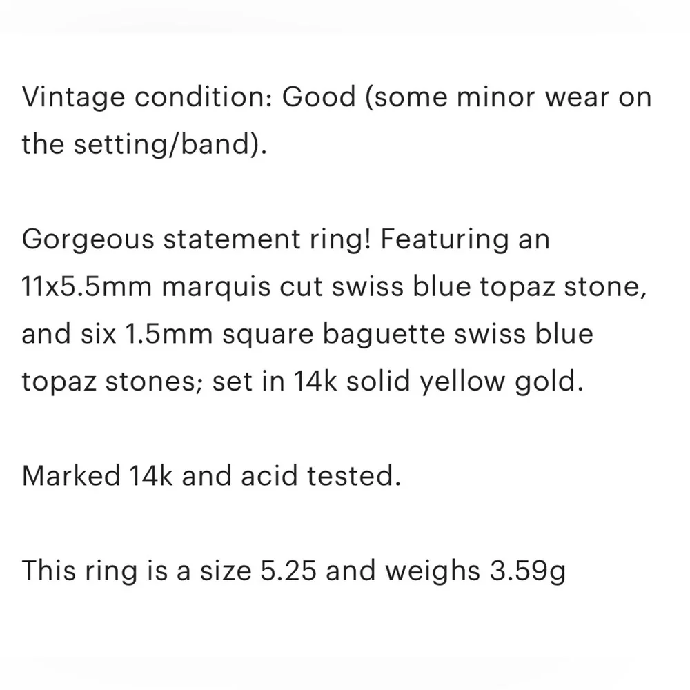 Vintage 1.35 swiss blue topaz marquis large baguette 14k solid yellow gold ring - Picture 10 of 10